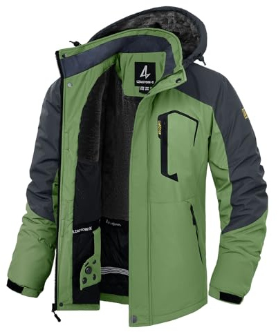LZACTOIN-X Mens Skiing Jackets Raincoat Waterproof Fleece Liner Coats Winter Clothes for Mountain Climbing Army Green & Dark Gray Large