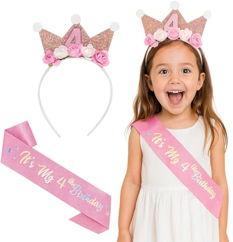 KRYMXAR Corona di compleanno per bambine 4 anni, set da 2 con nastro glitterato, decorazione di compleanno per ragazze, accessori per feste di compleanno