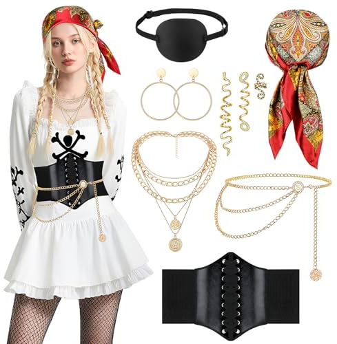 SelfTek 7 Pezzi Accessori Pirata Donna - Costume Da Pirata Da Donna, con Sciarpa Da Pirata, Orecchini, Cintura, Catena, Benda per Gli Occhi, per Halloween, Carnevale, Cosplay, Feste