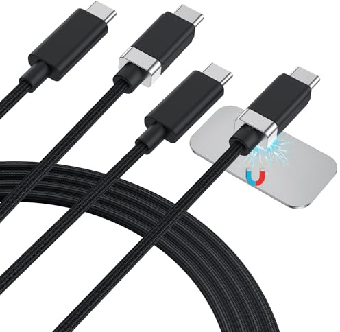 Magtame 2-pack StayCable magnetisk USB C till USB C-kabel 3,3 FT/1 m, 3 A 60 W snabbladdning typ C laddkabel, anti-drop nylon flätad kabel för säng, skrivbord, bil