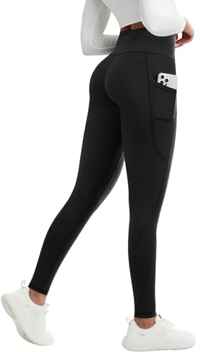 PASUDA Womens Fleece Lined Thermal Leggings Winter High Waisted Warm Yoga Pants Stretch Soft Comfort Gym Workout Running Trousers Hiking Fitness Sports Tights with Pockets (Black, S)