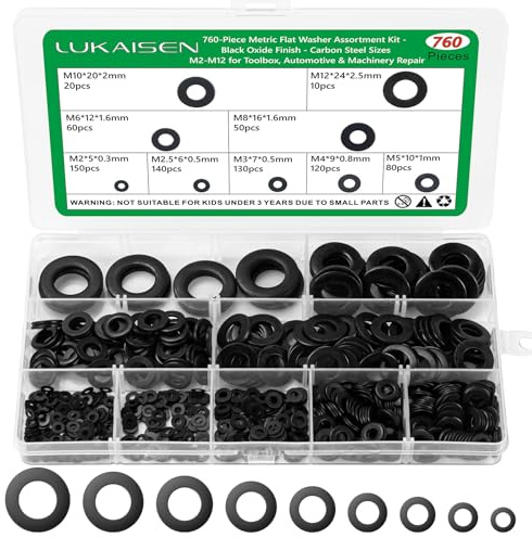 Lukaisen 760Pcs M2-M12 Black Carbon Steel Metric Flat Washers Assortment Kit