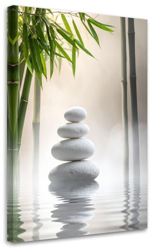 Feeby - Tableau sur Toile - Decoration Murale Peinture - Pierres blanches bambou blanc spa zen - 30x45 1partie - Tableaux chambre à coucher - Decoration Chambre - Impression sur Toile