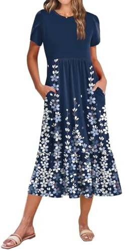 GRMLRPT Robe Longue Femme Chic Maxi Dress Manches Courtes à Motifs Imprimés Style Décontracté Tenue pour Été Plage Vacances Voyage Estivale