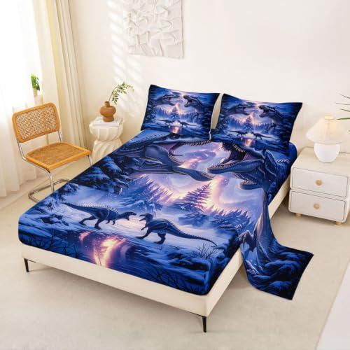 Loussiesd Dinosaurie sänglakan uppsättningar king size barn pojkar flickor 3D digitalt tryck sängkläder set djungel dino sänglakan set med 40 cm djupa fickor vilda djur 4 st med 2 örngott blå lila