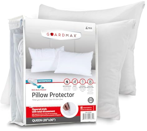 Guardmax Jersey Knitted Pillow Protector with Zipper Queen Size - 4 Pack - 100% Waterproof, Bed Bug Proof, Dust Mite Proof, & Hypoallergenic Pillow Covers - Premium Zippered Pillow Cases. (20 X 30)