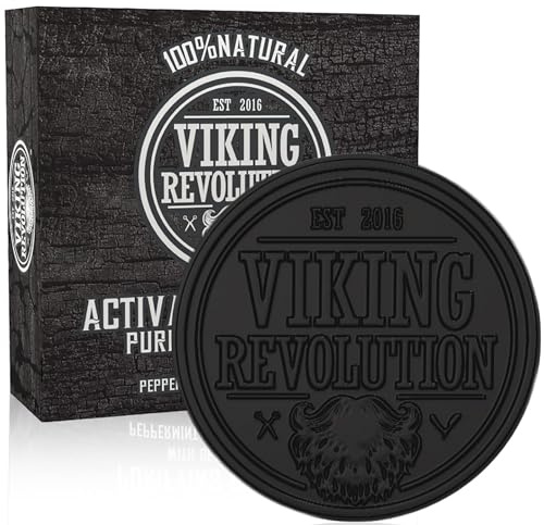 Viking Revolution Skin Cleaning Agent Activated Charcoal Soap for Men w/Dead Sea Mud, Body and Face, Cleanser,Cleansing Blackheads - Peppermint & Eucalyptus Scent 0.7 Fl Oz (Pack of 1)