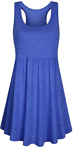 Vimoli Kleider Damen Rundkragen Schaukelkleid A-Linie Kleid Träger Rückenfreies Drucken Kleider Sommerkleider Strandkleider Knielang(D Blau,De-38/CN-S)
