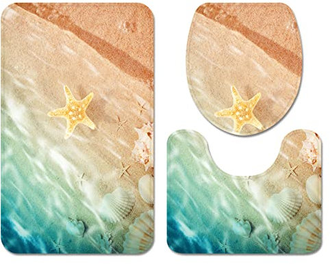 Badematten Set 3-teilig Seestern Strand Hülse Fischernetz Bunt Badezimmerteppich WC Vorleger mit Ausschnitt Set Rutschfeste Waschbar Flanell Toilettensitzbezug Combo (Farbe 3,40×60 cm 3PCS)