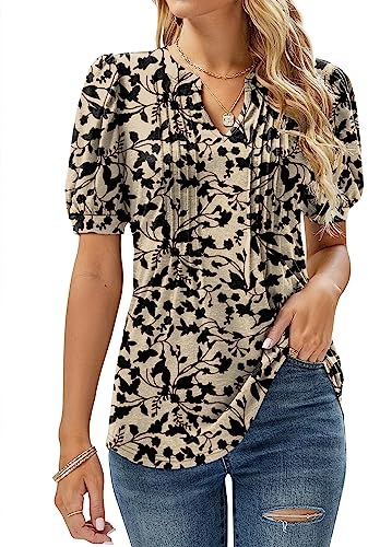 EFFAN Womens Tops Short Sleeve V Neck Pleated T Shirts Casual Floral Printed Longline Tunic Blouse Floral_Apricot XL (UK 18-20)