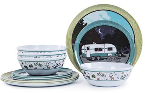 Molidiki Melamine Plates and Bowls Sets,12pcs Melamine Dinnerware Sets, Unbreakable Dinnerware Set,RV Camping Dishes Set,Lightweight, Dishwasher Safe（White car）