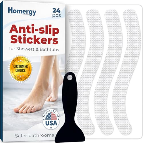 Anti-Slip Shower Stickers - Help Reduce Slipping in Bathtub & Shower, Clear Non-Slip Bath Strips, Strong Adhesive Bathtub Appliques Suitable for Homes with Kids, Adults & Seniors - 24 Pcs - Homergy