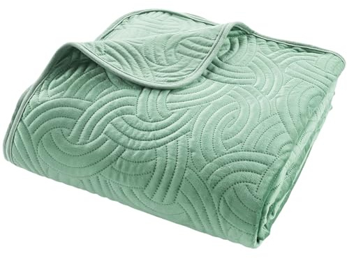 Douceur d'Intérieur, Couvre-Lit Matelassé (220 x 240 cm) et 2 Taies d'oreiller (60 x 60 cm) Solange Sauge, Velours Uni