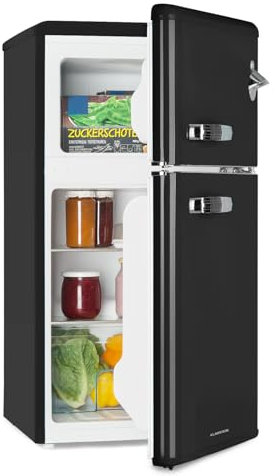 Klarstein Irene - Kühl-/Gefrierkombination, Retro-Kühlschrank, 61-Liter-Kühlschrank, 25-Liter-Gefrierschrank, 40 dB leise, 2 Kühlstufen, 2 Türablagen, für kleine Familien und Singles, Schwarz