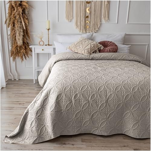 CalmyHOME Tagesdecke Bett Bettüberwurf Überwurf Ornamente 220x240cm Sofaüberwurf Steppdecke Sofa Decke Überwurfdecke Tages Decken Betthusse XXL Überdecke Gesteppte Tagesdecken (Beige)