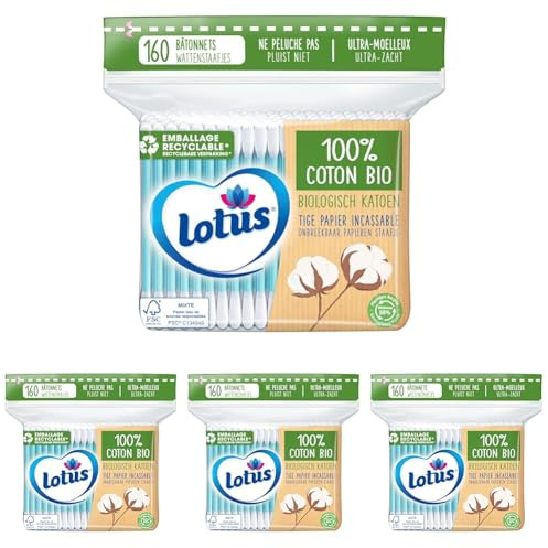 Lotus Coton-Tiges en Papier et Coton Bio - Sachet 160 Bâtonnets (Lot de 4)