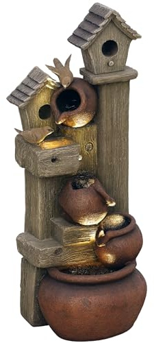 Outsunny 2-in-1 Waterfall Fountain with Birdhouse, Resin Garden Water Fountain with LED Lights Pump, Cascading Garden Water Feature with Tree Trunk Design, Multi-colour