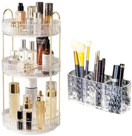 Organisateur Maquillage Rotatif 360°, Rangement Maquillage Rotatif 3 Niveaux, Grande Capacité Multifonctionnel Stockage Boîte Cosmétique, Présentoir Cosmétique pour Coiffeuse, Salle de Bain
