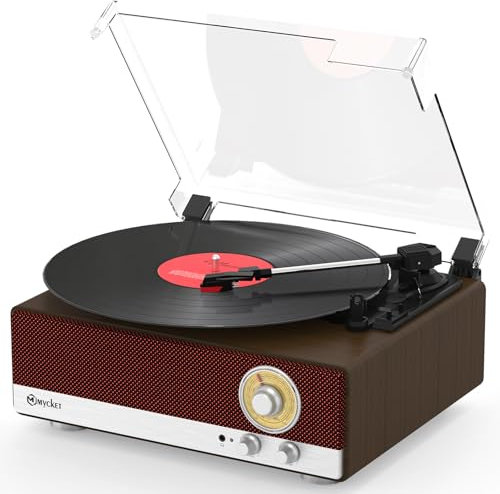 Mycket Vinyl Record Player with Dual Stereo Speaker, Bluetooth 5.3 Turntable Vintage Vinyl Player Support AM/FM Radio, Bluetooth Transmitter,RCA Out, 3 Speed Belt-Driven,Auto-Stop,Wooden Design-Red