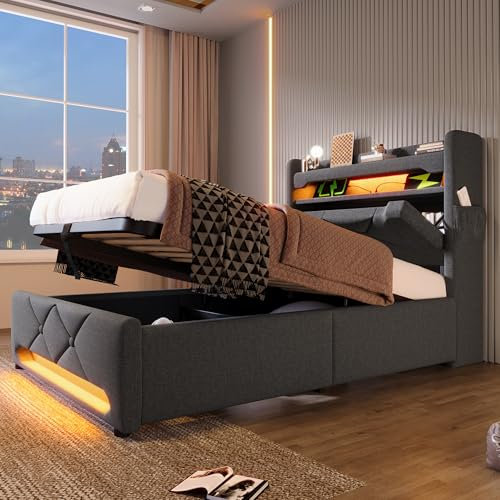 Polsterbett Einzelbett 90x200, LED Stauraum Kopfteil Bett mit USB Typ-C Ladefunktion & Staufach, Jugendbett Stauraumbett Funktionsbett Bettgestell mit Stauraum & Lattenrost, Leinen,Ohne Matratze,Grau