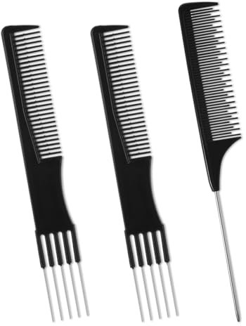 3 Pcs Teasing Comb with Metal Pick Combs set, Rat Tail Comb Steel Pin Rat Tail Carbon Fiber Heat Resistant Teasing Combs with Stainless Steel Pintail for Hair Styling (Black)