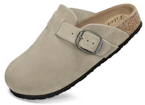 FITORY Women's Leather Clogs, Flat Slip On Suede Mules Size 3-9 UK | Ladies Soft Comfy Cork Footbed Graden Footwear, Closed Toe Potato Shoes with Arch Support for Casual