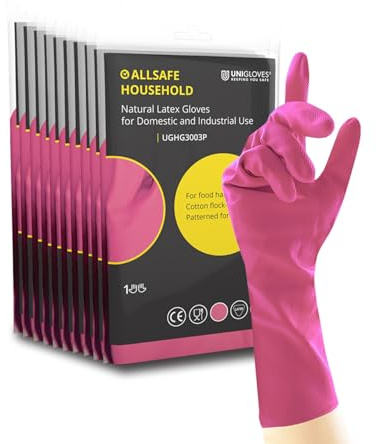 UNIGLOVES Allsafe Household Pink - Latex Reusable Household Gloves for Cleaning, Washing up and Food Processing - 12 Pairs - Size M