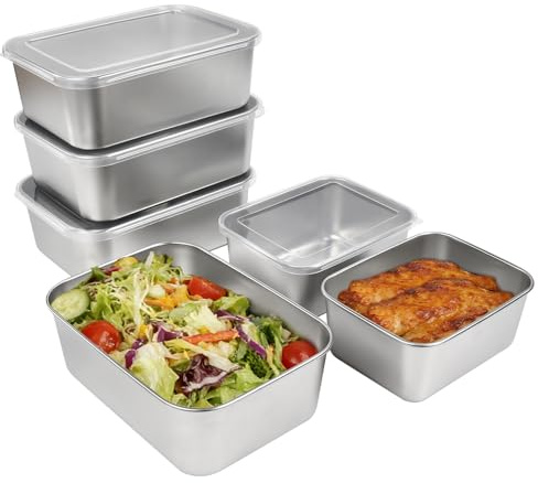 Vunanvu 6 Pezzi Contenitori Salvafreschezza in Acciaio Inox 1100/550ml Contenitori per Alimenti Riutilizzabili con Coperchio Contenitore per Congelatore in Acciaio Inox per Lavastoviglie Frigorifero