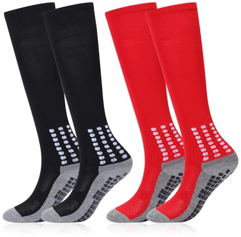 ADUDVLO 2 Pairs Kids Football Socks with Non-Slip Grips | Cushioned Football Socks for Boys & Girls 6-12 | Black Junior Socks for Soccer, Rugby & Hockey Training (Black+Red)