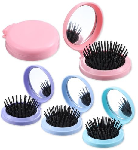 KFHENSOMR 4Pcs Folding Travel Mirror Hair Brushes, Mini Round Pop-up Pocket Brush for Women Girls, Portable Compact Travel Size Hair Massage Comb for Wet and Dry Hair (Pink, Blue, Green, Purple)