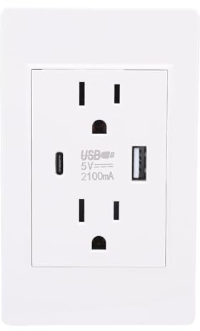 TARSHYRY Vägguttag med USB- och Laddningsportar Av Typ C, 15A Flamskyddande Eluttag för Hemmabruk, Vitt Eluttag med överspänningsskydd (#1)