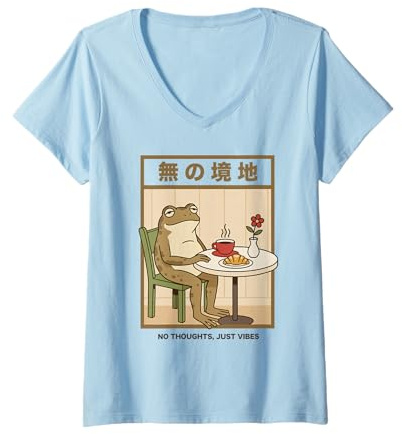 Mujer No Hay Pensamientos, Solo Vibraciones, Cabeza vacía, Rana, Zen japonés Camiseta Cuello V