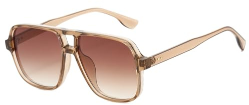 Long Keeper Retro Square Pilot Sunglasses for Women Men Oversize Retro Aviation Square Sunglasses Double Bridge Sun Glasses Vintage Shades UV400 (Clear Brown Frame - Gradient Brown Lens)