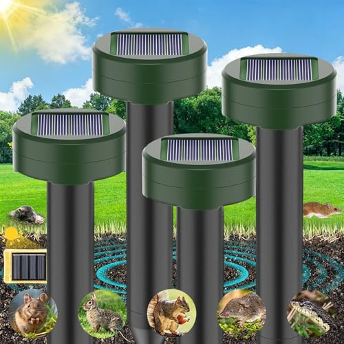 Ahuyentador de Ratas 4 Piezas, Repelente Ratas Ultrasonido Exterior, Ahuyentador de Topos y Ratones Solar, IP65 Impermeable, Anti Topos, Serpientes, Ratones