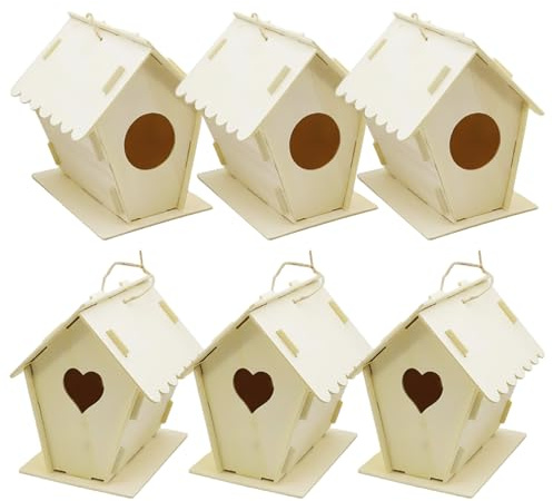 6Pcs Birdhouse Kits for Kids, DIY Unfinished Wooden Bird Houses to Painting with Hanging Ropes Creative Expression & Family Fun Heart & Round