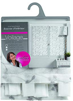 Douceur d'Intérieur Coppia di tende dritte con passanti, 2 x 60 x 90 cm, velate, sabbiate, ricamate con piccoli fiori, colore: bianco/grigio.