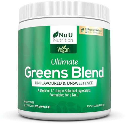 Nu U Nutrition - Super Greens Powder 300g - 17 Superfood Ingredients - 60 Servings - Ultimate Greens Blend with Maca, Beetroot & Inulin - Unflavoured, Unsweetened - 100% Vegan - Made in The UK