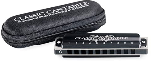 Classic Cantabile AHB-650 PRO Alabama Blues Harmonica G-Dur - Diatonische Mundharmonika m. 10 Phosphor-Bronze Stimmzungen - Angenehm griffiges Messing-Gehäuse (schwarz-matt) - Inkl. Etui & Pflegetuch