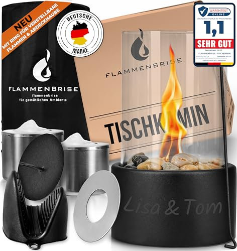 Flammenbrise® Tischkamin | Tischfeuer für Indoor und Outdoor | Ethanol Kamin mit [200g] Natursteinen | INKL. 2 Brennkammern | Unendliche Brenndauer (mit Wunschgravur)