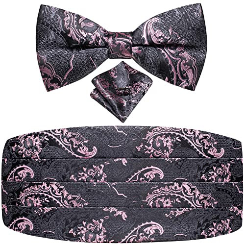 Dubulle Herren Paisley Kummerbund und Fliege Set verstellbar Kummerbund vorgebunden Fliege Hochzeit Abschlussball, Grau/Pink, Medium