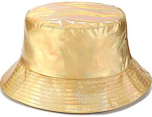 XYIYI Women PU Leather Gold Rain Hats Waterproof Rain Hat Wide Brim Bucket Hat Fishmen Cap