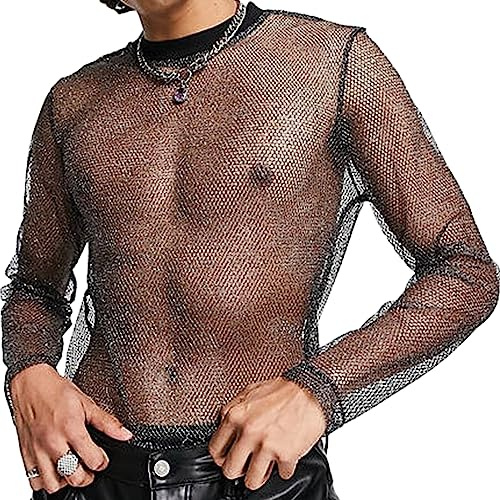 AIEOE Nättröja för män, muskel, nätskjorta, glitter, glänsande transparent t-shirt, nätskjorta, skjortor, kortärmad/långärmad, klubb, kläder, sommar, nättopp, A01# glitter långärmade tröjor, M