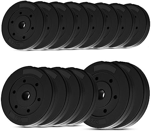 wuuhoo® disques d'haltères en Ciment Mike 30mm, Set 20kg - 30kg, revêtu en Noir, 1,25, 2,5, 5, 10 kg, disques de Poids en Plastique pour haltères Longs, Fitness à Domicile - Set 1-30kg