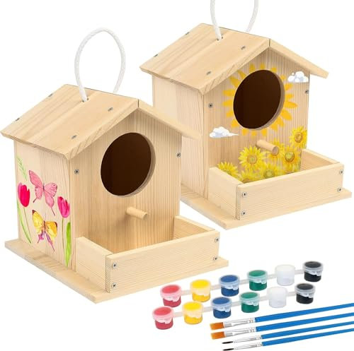 LotFancy Vogelhaus Bausatz für Kinder, 2 x Vogelhaus zum bemalen, Holz Bastelset, DIY Basteln Set Vogelkasten Basteln Ostern Geschenke für Mädchen Jungen Kleinkinder