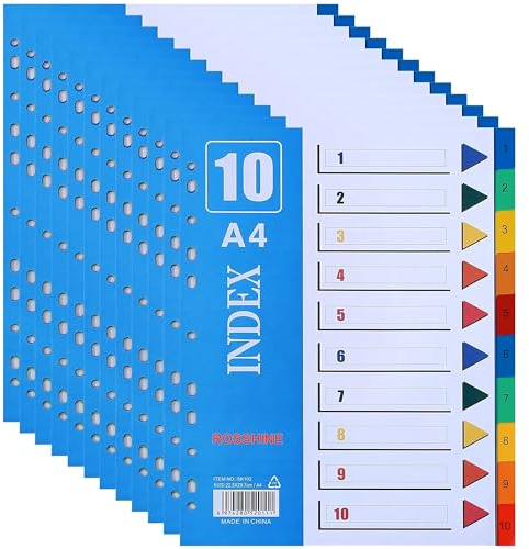 1-10 Part File Dividers A4, 12 Pack Plastic Folder Dividers for Ring Binders with11-Holes & Content List, Multi-Colour Index Dividers for Lever Arch Files