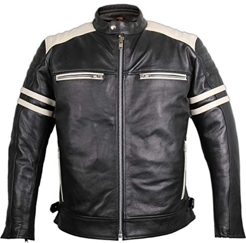 MDM Retro motorcykel läderjacka 80 odschool med skydd, Svart/vit, 3XL