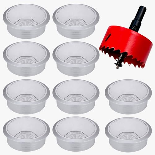 Hejo 10 Piezas Pasacables de Escritorio, 60mm Pasacables Mesa Oficina con Cubierta de Agujero, Cables Mesa Pasacables Redondos para Gestión de USB Alambre Plata