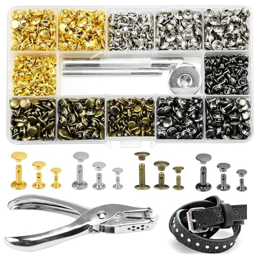 Rivets LIMITADA 480 PCS Remaches de Cuero de 6/8/12mm, Tornillo para Cinturon Cuero, Remaches de Doble Tapa, Remaches para Cuero cierre de Botón