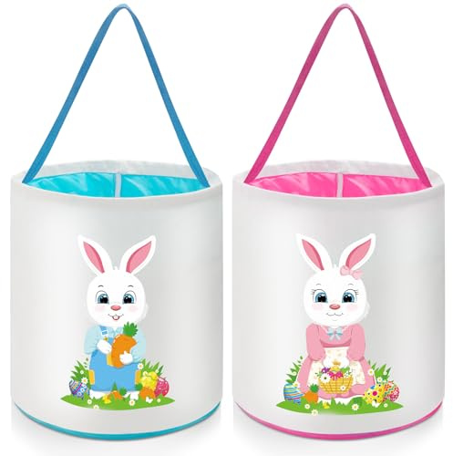 Capoda 2 Pcs Easter Bunny Basket Bags Easter Canvas Bunny Bucket Totes Bags Reusable Egg Hunt Basket Rabbit Egg Hunt Candy Gift Storage for Kids Spring Party Decor Supplies(Vivid)