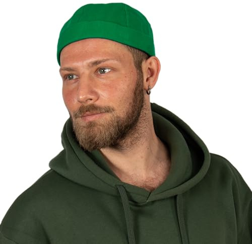 HATSQUARE Cotton Docker Cap, Unisex Brimless Cap, Men Skull Cap, Brimless Beanie Hat, Men Women Cuffed Hat - Green